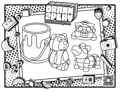 A coloring page featuring the articulated toy animals horse, pig and bear.