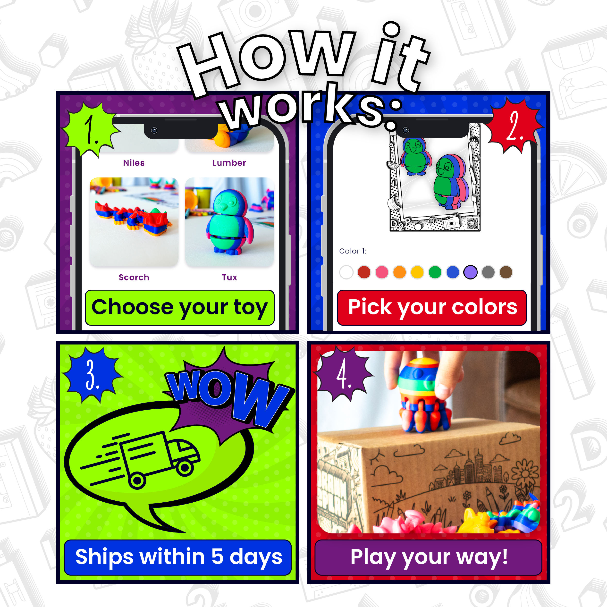 How it works: Choose your toy, pick your colors, ships in 5 days, play your way – colorful illustrated toy steps