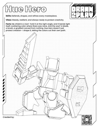 Hue Hero coloring sheet in black and white for planning your own custom action figure colorway before customizing and adding to cart