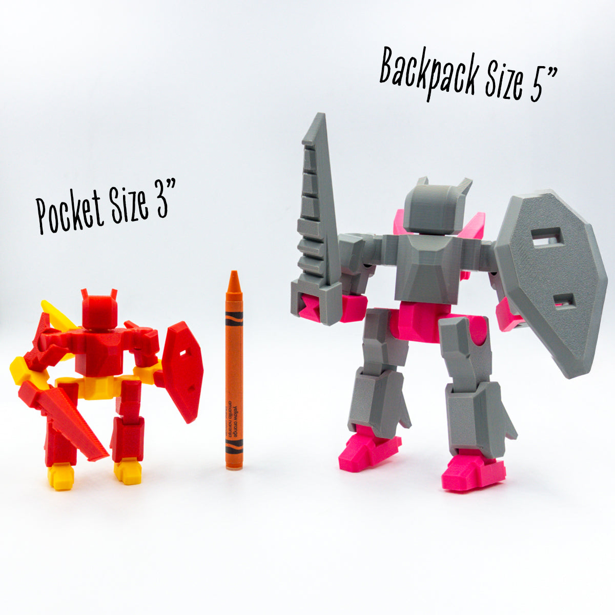 Hue Hero in 3-inch and 5-inch customizable formats next to a crayon for scale—modular pieces compatible across sizes for build-your-own fun