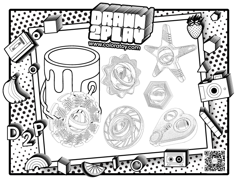 Coloring sheet in black and white of the Mega Pack 2 which features 6 customizable fidget toys and a paint can container.