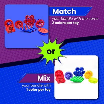Colorful toy packaging with text instructions on matching or mixing colors.