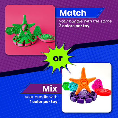 Colorful fidget spinner toys with text on a purple and blue background
