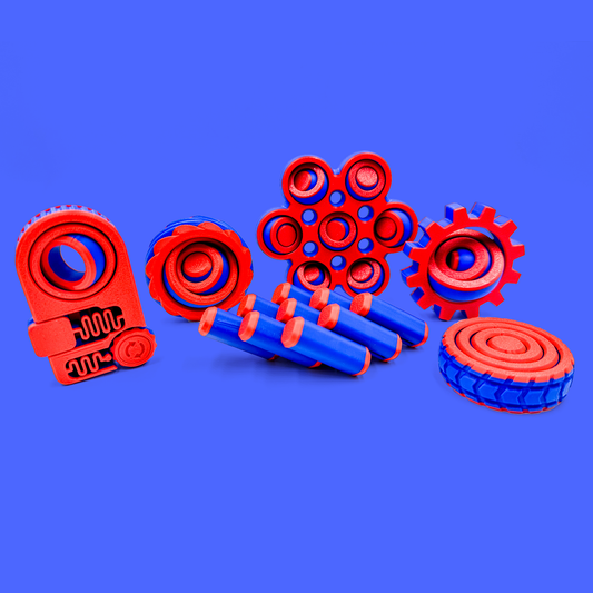 Red and blue fidget set of six on a blue backdrop.
