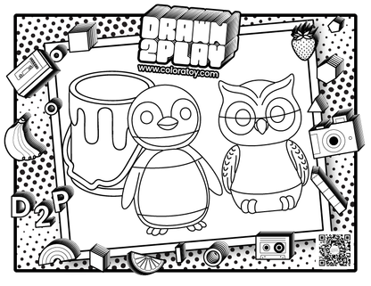 The customizable coloring page for Hoot the owl and Waddle the penguin to customize your pair toy set.