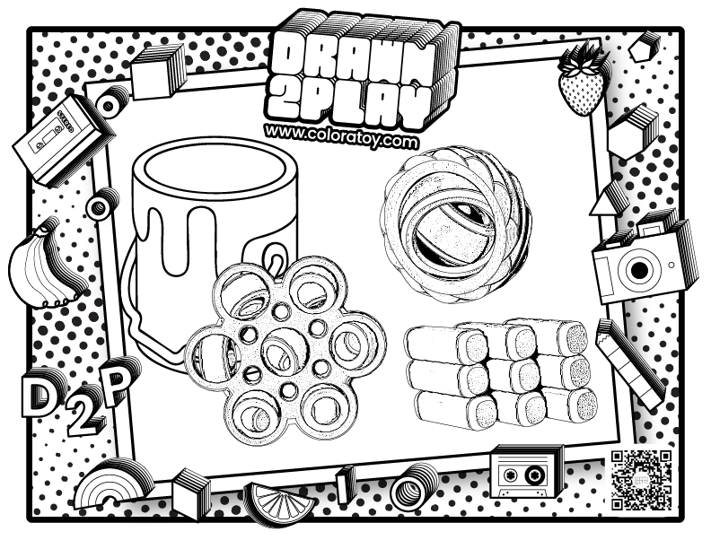Coloring sheet in black and white featuring the three fidgets in the SciFi pack to be colored by the user.