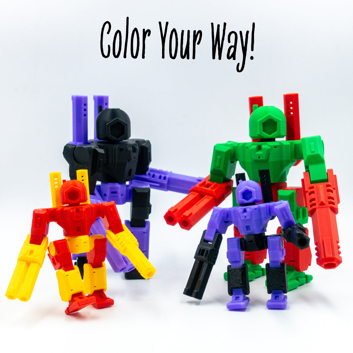 A lineup of Sergeant Spectrum figures in customizable colorways under “color your way!”—highlighting user-driven personalization