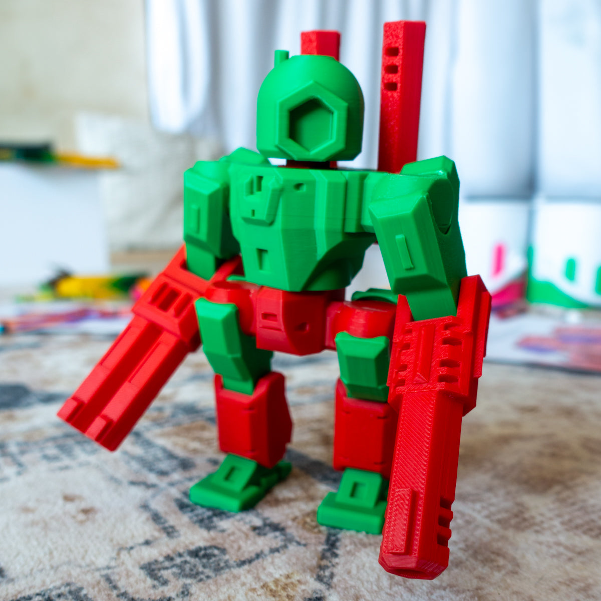 Sergeant Spectrum custom action figure posed with confidence on a living room carpet, showcasing its flexible joints and swappable build