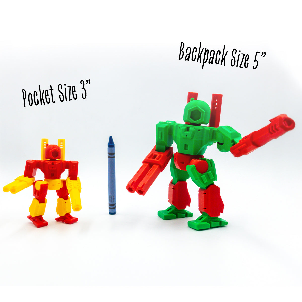 3-inch and 5-inch Sergeant Spectrum figures shown next to a crayon, illustrating scale and part compatibility