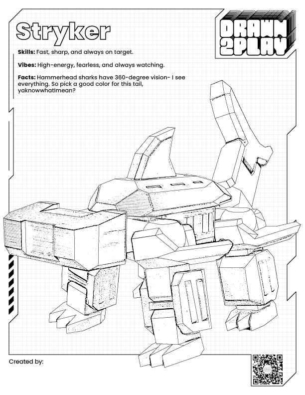 Shark coloring sheet designed for kids to experiment with their own hammerhead colorway