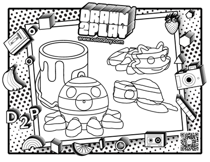 A black and white coloring sheet with an axolotl, turtle and octopus ready for the user to customize their toys.