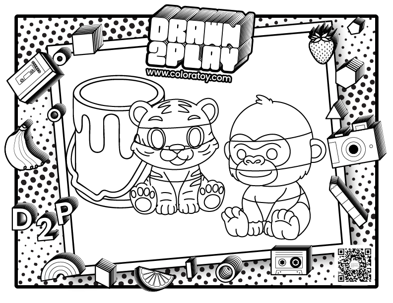 Customizable black and white coloring sheet for Rumble the gorilla and Roar the tiger.