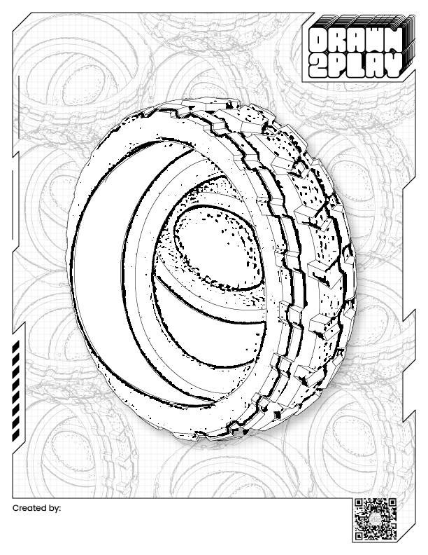 Coloring sheet in black and white featuring the tire spin fidget toy ready to be customized by the customer.