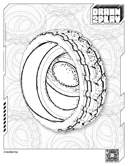 Coloring sheet in black and white featuring the tire spin fidget toy ready to be customized by the customer.