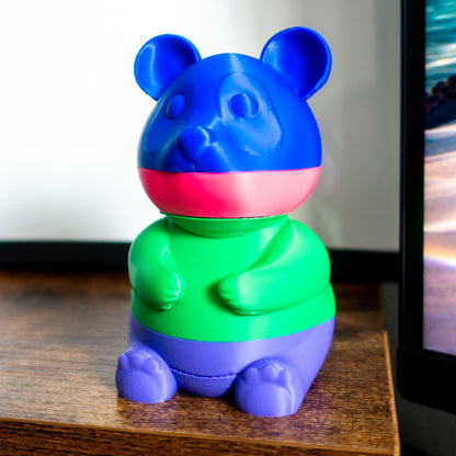 Close-up of Munch the panda featuring engraved detail and a grippable shape