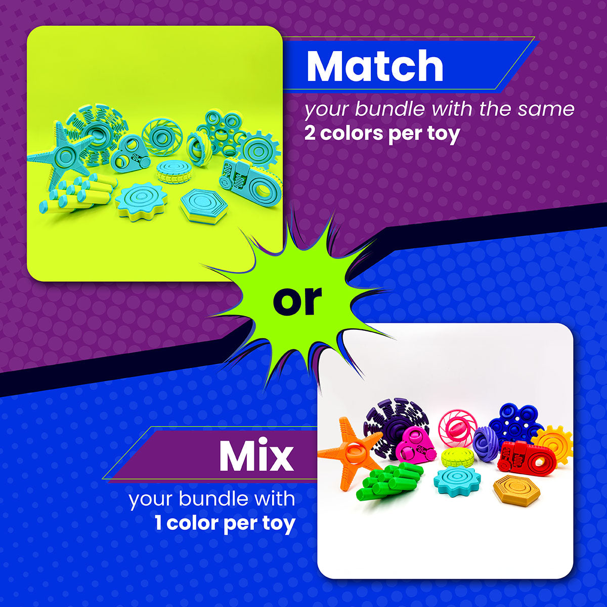 Colorful toy set with text options for matching or mixing colors on a blue and purple background.